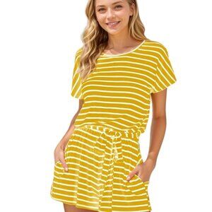 Striped Belted Romper in Mustard